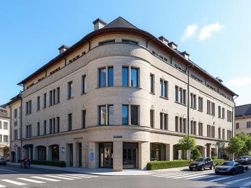 Exterior view of the Alpine Media School building situated near the main train station in Bern, Switzerland.
