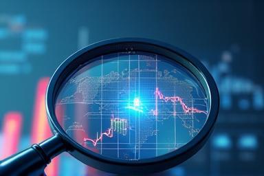 Magnifying glass over data points for investigative reporting